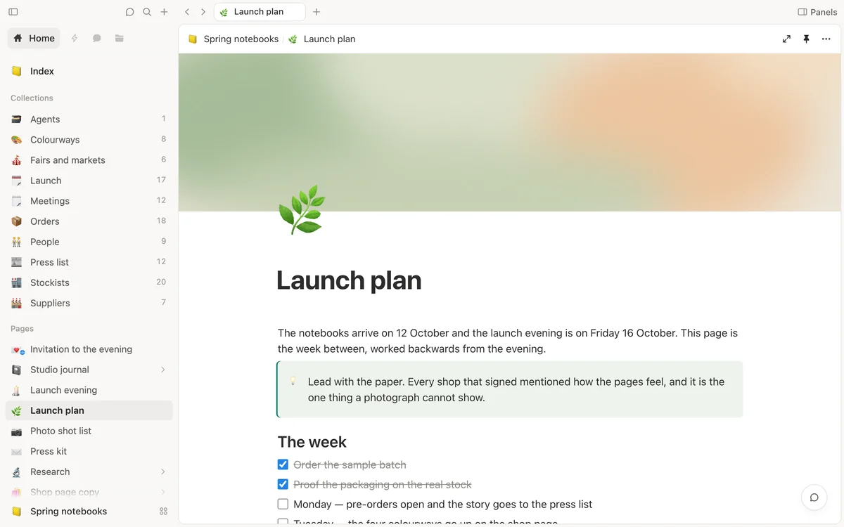 The launch plan for a range of notebooks, open in Shtukbase: a soft green cover, a note to lead with the paper, and the week before the launch evening as a checklist. On the left, the project's lists and pages.
