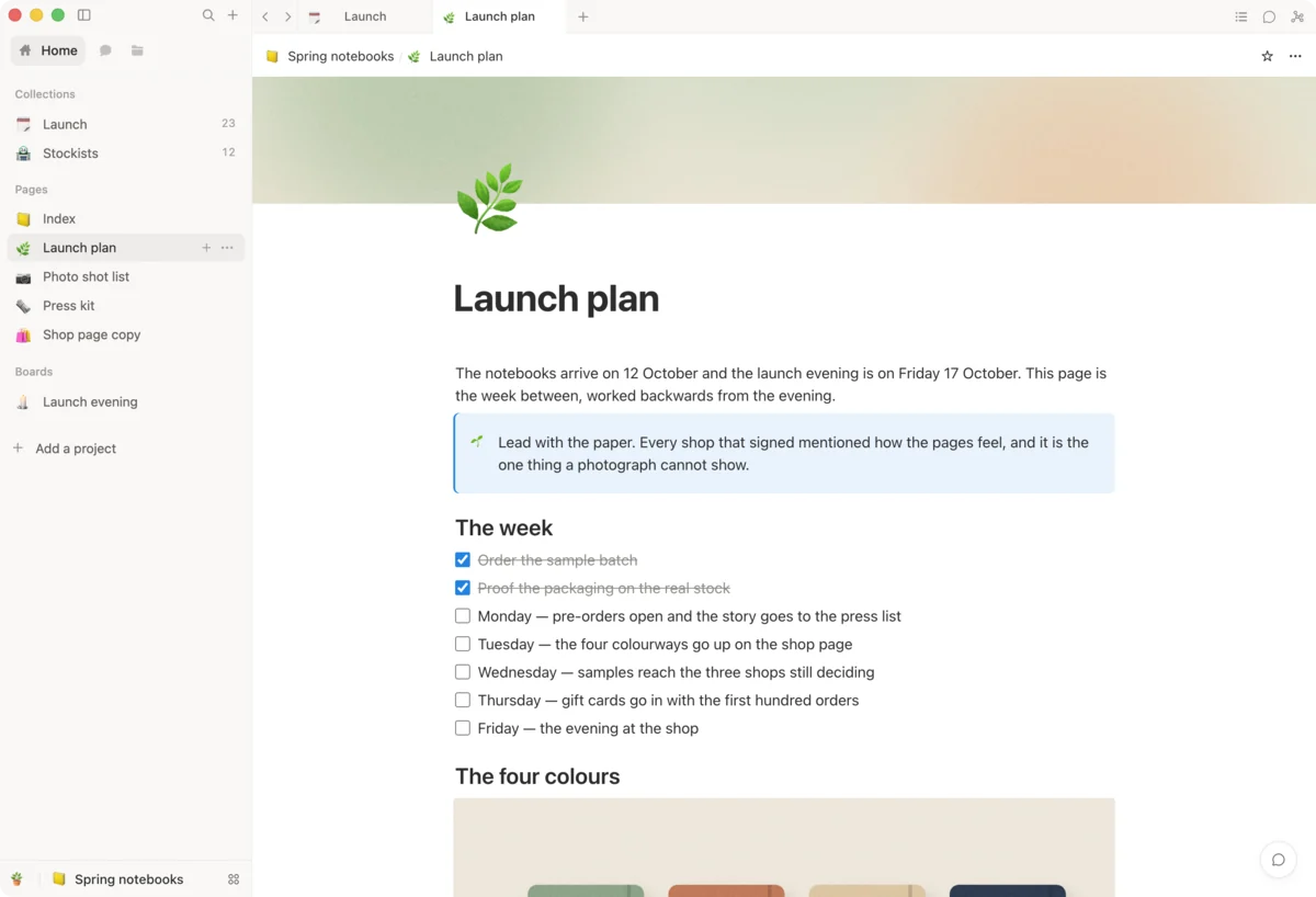 A launch plan written as a page, with a cover, a note and a checklist for the week