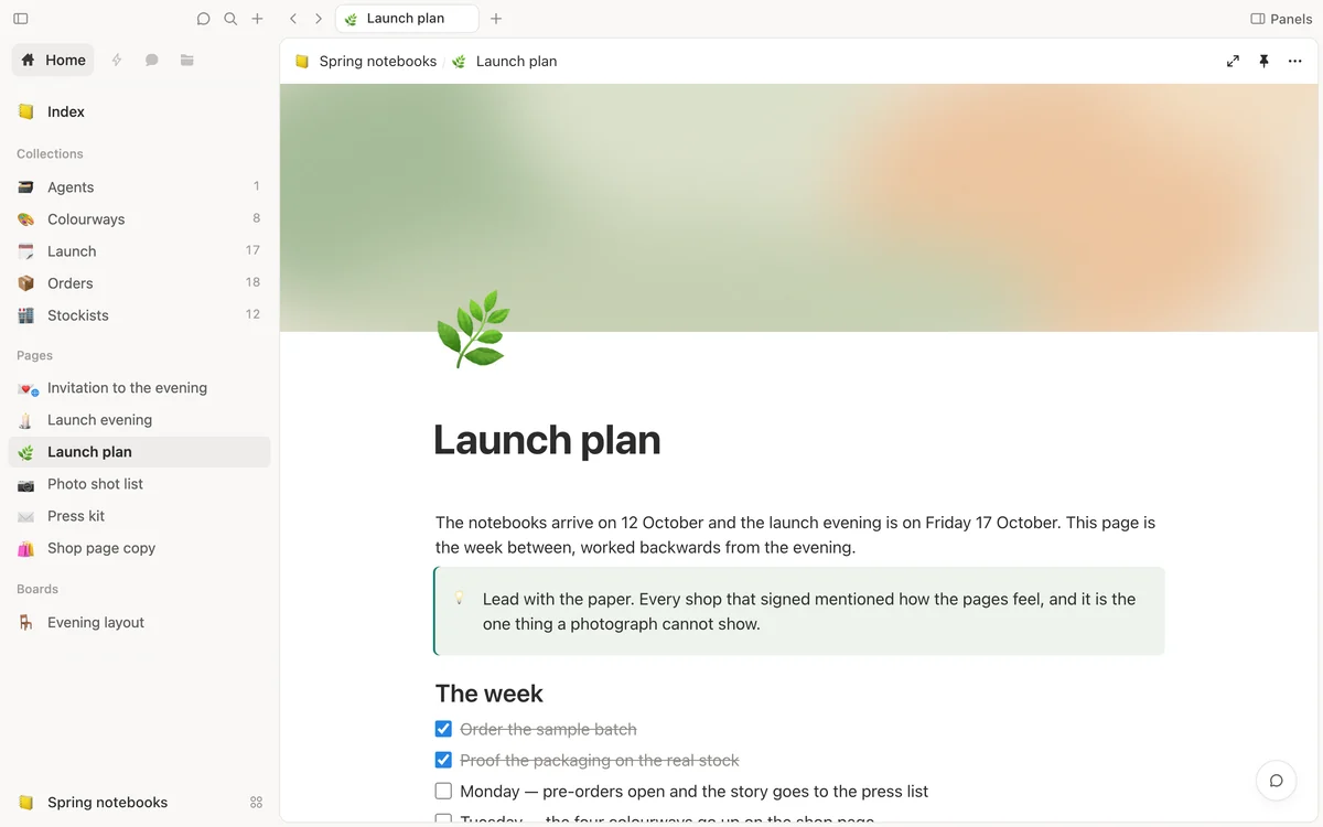 The launch plan for a range of notebooks, open in Shtukbase: a soft green cover, a note to lead with the paper, and the week before the launch evening as a checklist