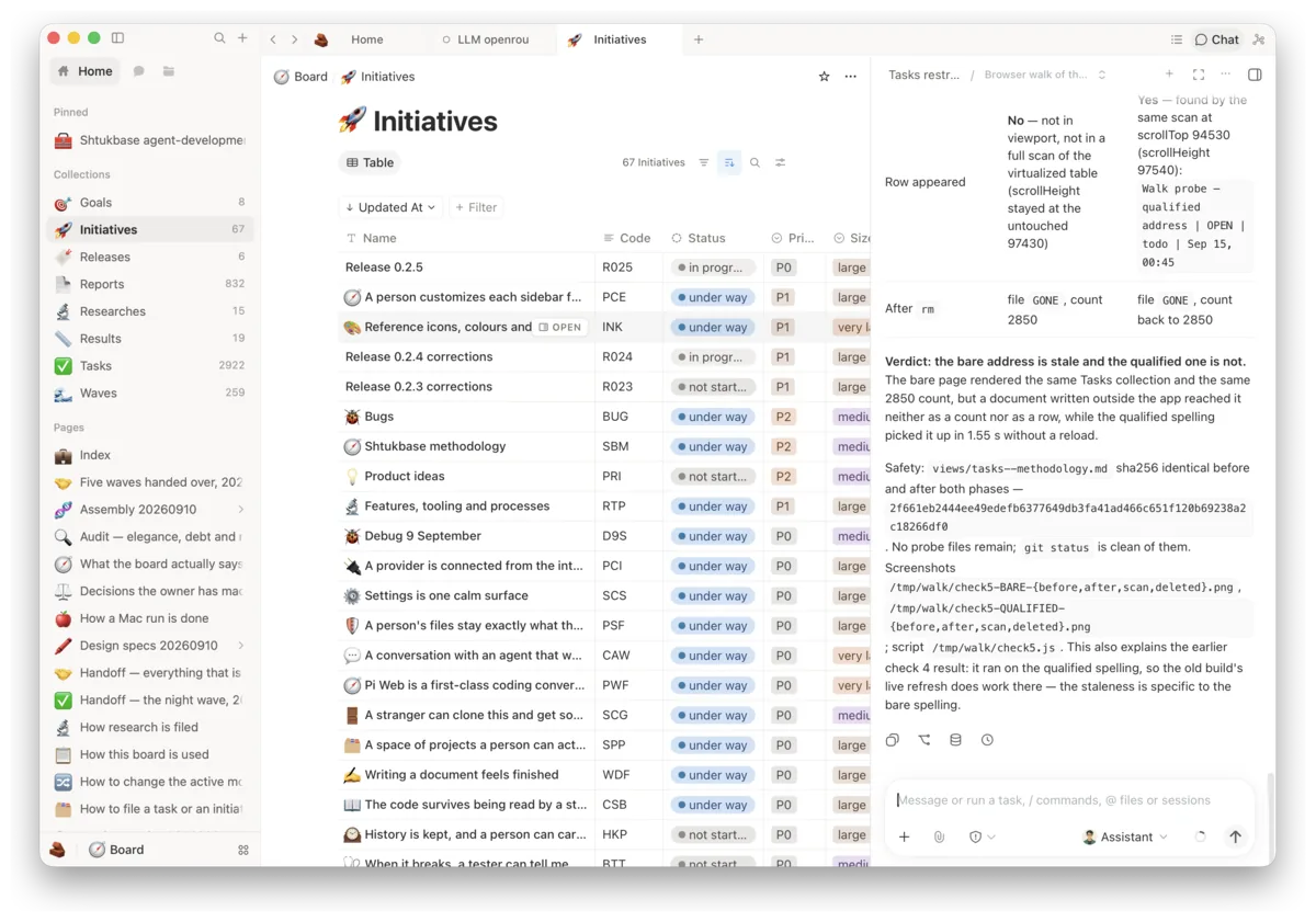 A collection of initiatives shown as a table, with a chat open beside it in which the assistant reports what it checked